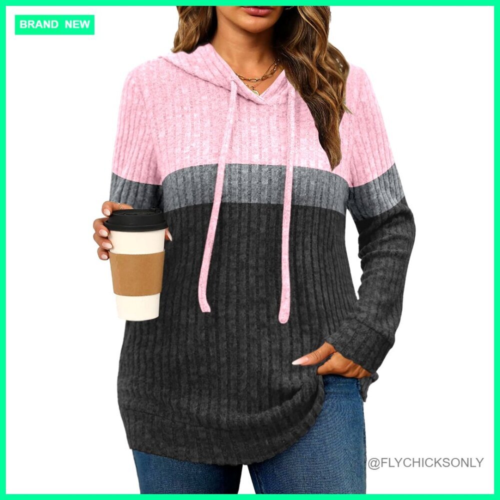 Plus Size Lightweight Ribbed Knit Hoodie Sweater Long Sleeve Pullover Top
